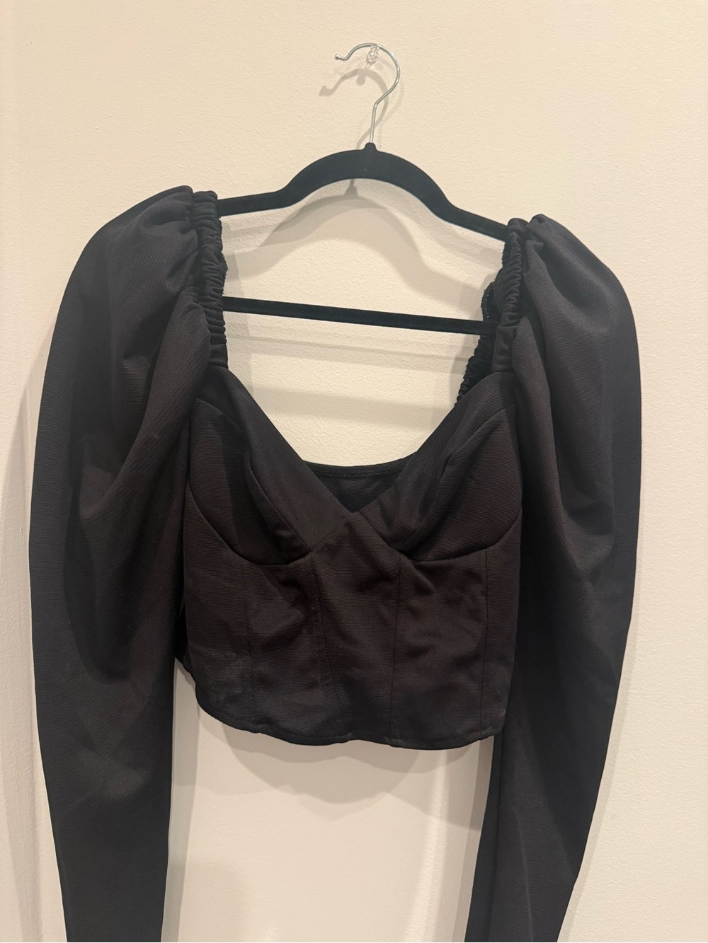 Zara Black Puff-Sleeve Cropped Blouse